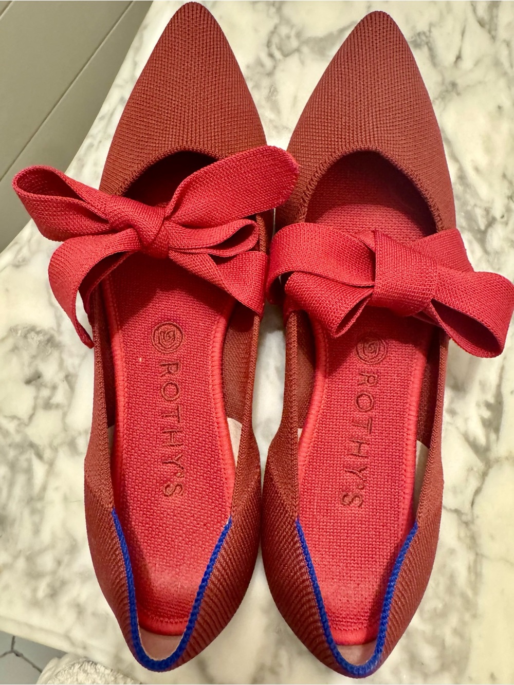 Rothy's Red Pointed Knit Flats with Bow Accent